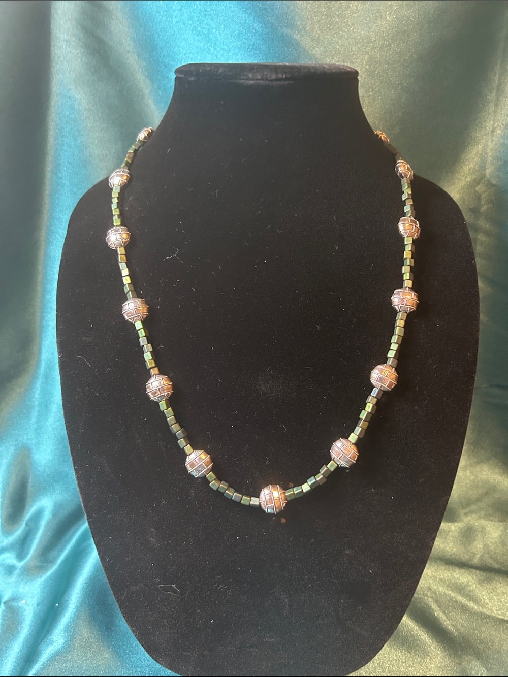 Green Beaded Necklace with Antiqued Silver Accent Beads